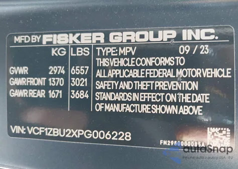 2023 Fisker Ocean One from USA, damaged, VIN VCF1ZBU2XPG006228